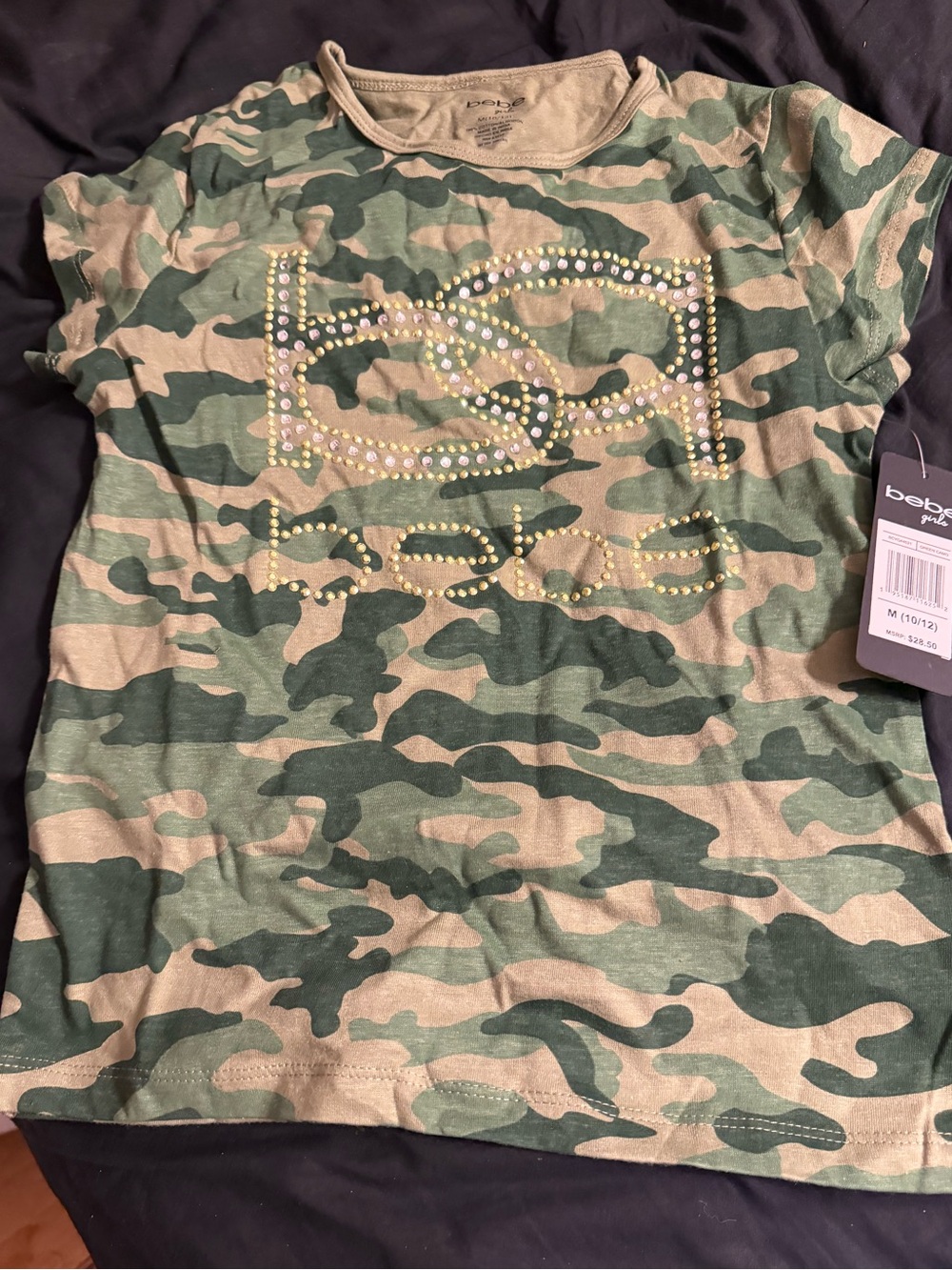 bebe Green Camo Rhinestone Logo Tee